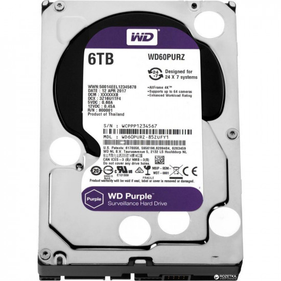 Жорсткий диск внутрішній WDC HDD SATA 6TB 6GB/S 64MB/PURPLE (WD60PURZ) Жорсткий диск внутрішній WDC HDD SATA 6TB 6GB/S 64MB/PURPLE (WD60PURZ)