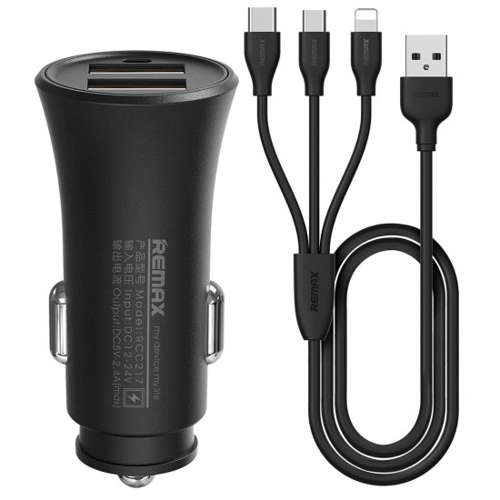 Remax Rocket 2xUSB 2.4A car charger + 3in1 Cable Black Remax Rocket 2xUSB 2.4A car charger + 3in1 Cable Black