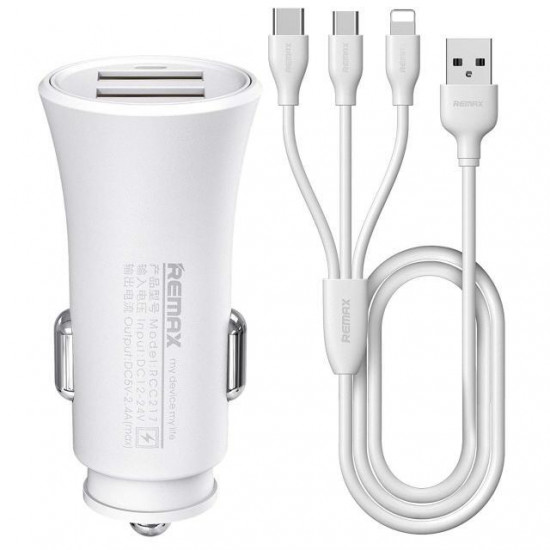 Remax Rocket 2xUSB 2.4A car charger + 3in1 Cable White Remax Rocket 2xUSB 2.4A car charger + 3in1 Cable White