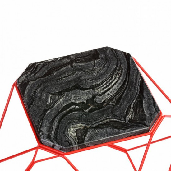 Metal polyhedron coffee table Silver Wave TRID2 36x36x36 cm red with marble insert Metal polyhedron coffee table Silver Wave TRID2 36x36x36 cm red with marble insert