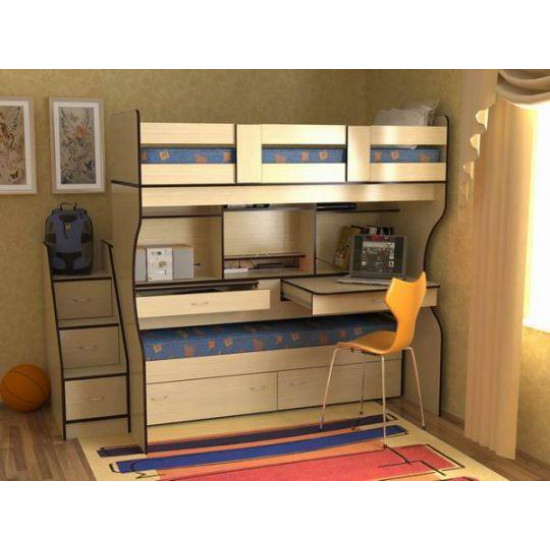 Двухъярусная кровать с 2 рабочими зонами KidsBunkBed T-01 венге светлый 2336x1900x1232 мм Двухъярусная кровать с 2 рабочими зонами KidsBunkBed T-01 венге светлый 2336x1900x1232 мм
