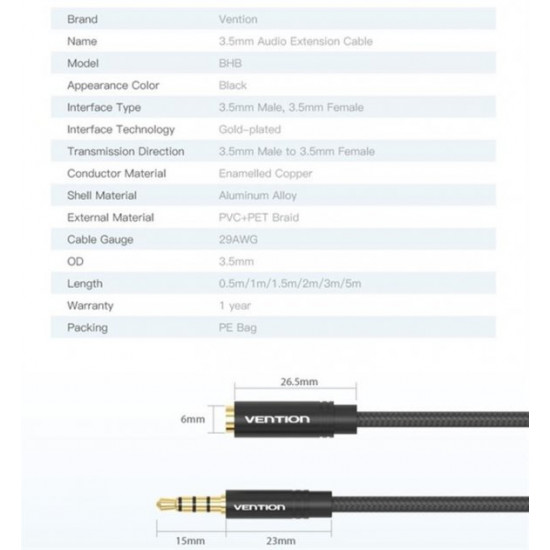 Cable Vention Audio 3.5 mm M - 3.5 mm F, 1m, Black (BHBBF)