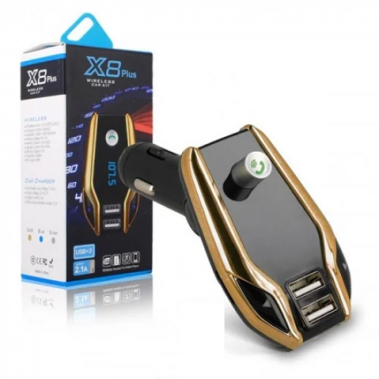 FM модулятор X8plus Bluetooth трансмиттер USB + AUX + MicroSD микрофон Черный/Золотистый FM модулятор X8plus Bluetooth трансмиттер USB + AUX + MicroSD микрофон Черный/Золотистый