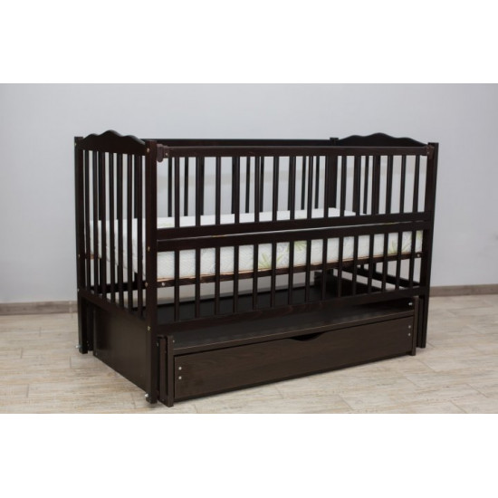 Baby crib Labona Mriya No. 4, hinge + bearing, folding side panel, drawer, wenge Baby crib Labona Mriya No. 4, hinge + bearing, folding side panel, drawer, wenge