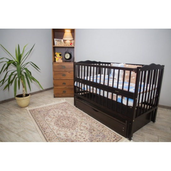 Baby crib Labona Mriya No. 4, hinge + bearing, folding side panel, drawer, wenge Baby crib Labona Mriya No. 4, hinge + bearing, folding side panel, drawer, wenge