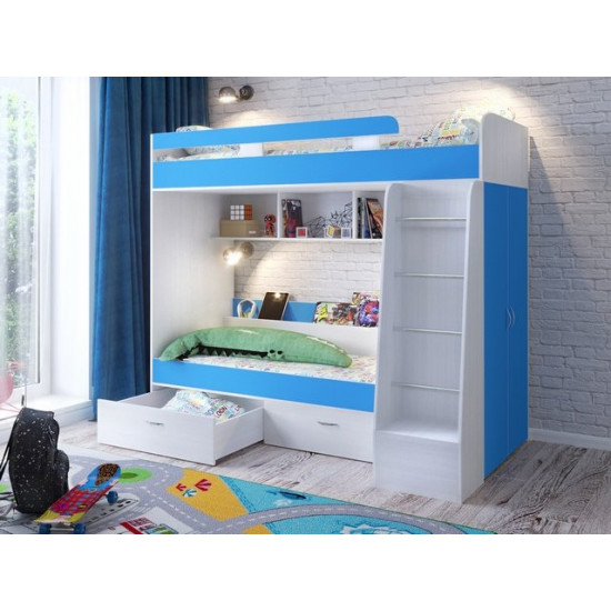 Двухьярусная кровать KidsBunkBed K-055 белый синий цвет 2032 х1132х1836 мм Двухьярусная кровать KidsBunkBed K-055 белый синий цвет 2032 х1132х1836 мм