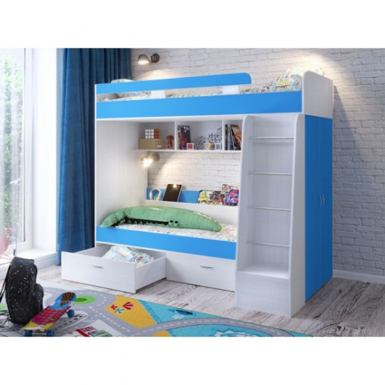 Двухьярусная кровать KidsBunkBed K-055 белый синий цвет 2032 х1132х1836 мм Двухьярусная кровать KidsBunkBed K-055 белый синий цвет 2032 х1132х1836 мм