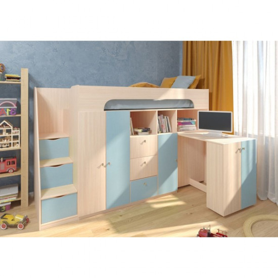 Низкая кровать-чердак KidsBunkBed K-009 дуб молочный лазурь 2342х842(+800)х1430 мм Низкая кровать-чердак KidsBunkBed K-009 дуб молочный лазурь 2342х842(+800)х1430 мм