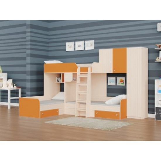 Триярусне ліжко KidsBunkBed K-082 дуб молочний блакит 326.5х195х200 см