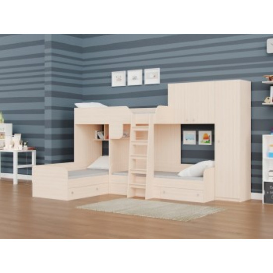 Триярусне ліжко KidsBunkBed K-082 дуб молочний блакит 326.5х195х200 см