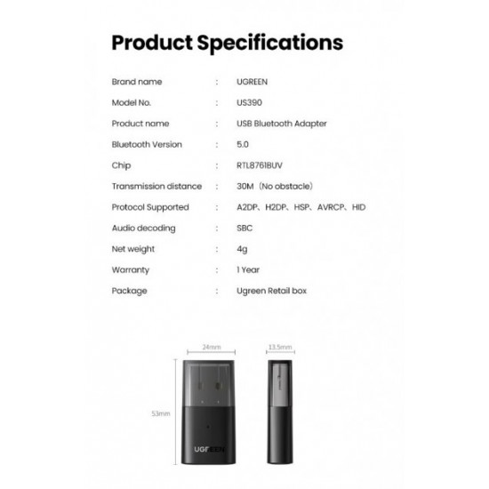 Bluetooth adapter UGREEN USB Bluetooth 5.0 transmitter for computer, laptop Black (US390) Bluetooth adapter UGREEN USB Bluetooth 5.0 transmitter for computer, laptop Black (US390)
