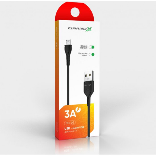 Cable Grand-X USB-micro USB 3A 1 m Black (PM-03B) Cable Grand-X USB-micro USB 3A 1 m Black (PM-03B)