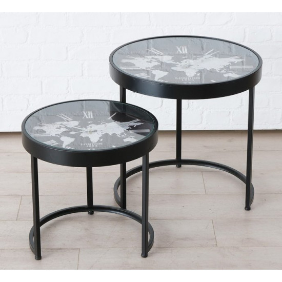 Set of metal coffee tables with clock Present Mondo black set of two pieces Set of metal coffee tables with clock Present Mondo black set of two pieces