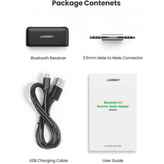 Бездротовий аудіо приймач Bluetooth 5.0 ресивер UGREEN AUX для автомобіля (CM276) Бездротовий аудіо приймач Bluetooth 5.0 ресивер UGREEN AUX для автомобіля (CM276)