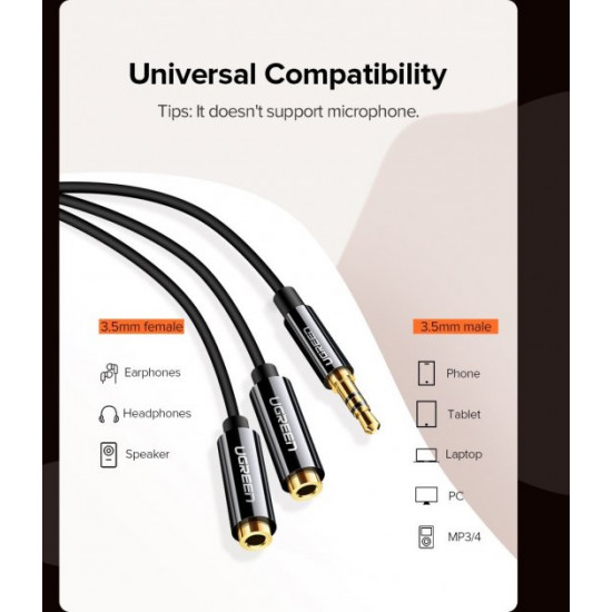 Cable UGREEN AV134 3.5mm Male to 2 Female Audio Cable 20cm Black (20816) Cable UGREEN AV134 3.5mm Male to 2 Female Audio Cable 20cm Black (20816)
