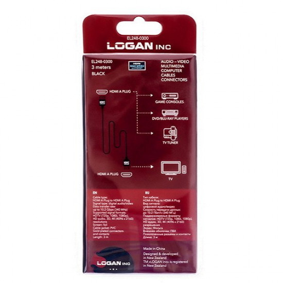 Кабель Logan HDMI - HDMI v1.4, 3.0m (EL248-0300)