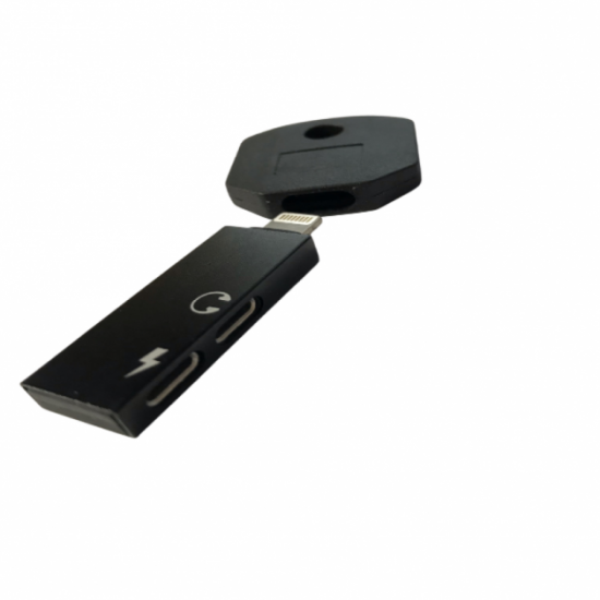Stylish OTG adapter for Apple iPhone with Lightning + Lightning connectors, key-shaped, black Stylish OTG adapter for Apple iPhone with Lightning + Lightning connectors, key-shaped, black