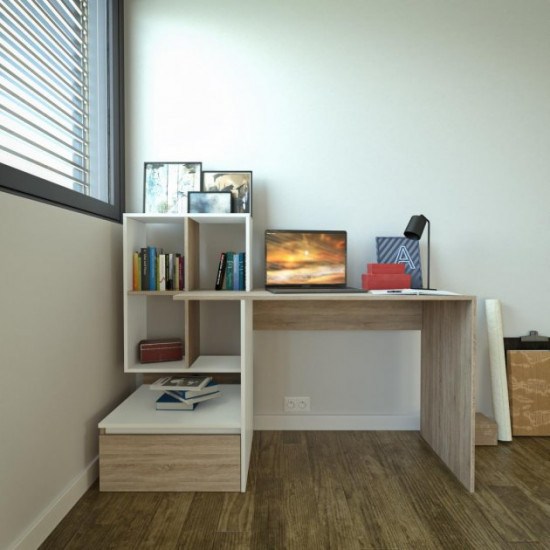 Computer desk with shelves and a drawer on the left, Sonoma oak/white shelves W1450|H1116|D516 Computer desk with shelves and a drawer on the left, Sonoma oak/white shelves W1450|H1116|D516