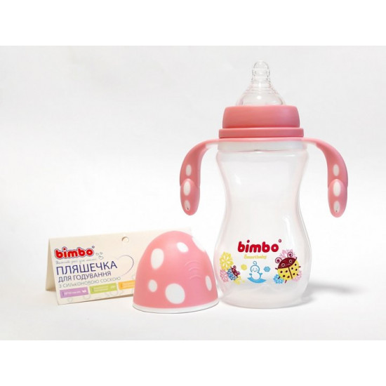 Plastic feeding bottle, with handle and nipple, heat-resistant, 330 ml, Bimbo, pink. Plastic feeding bottle, with handle and nipple, heat-resistant, 330 ml, Bimbo, pink.
