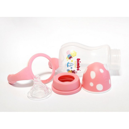 Plastic feeding bottle, with handle and nipple, heat-resistant, 330 ml, Bimbo, pink. Plastic feeding bottle, with handle and nipple, heat-resistant, 330 ml, Bimbo, pink.