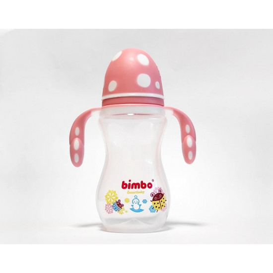 Plastic feeding bottle, with handle and nipple, heat-resistant, 330 ml, Bimbo, pink. Plastic feeding bottle, with handle and nipple, heat-resistant, 330 ml, Bimbo, pink.