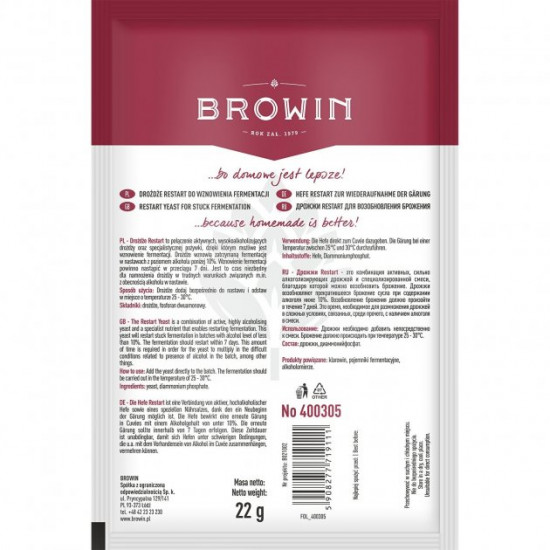 Wine yeast Browin Restart for resumption of wine fermentation, 22g Wine yeast Browin Restart for resumption of wine fermentation, 22g