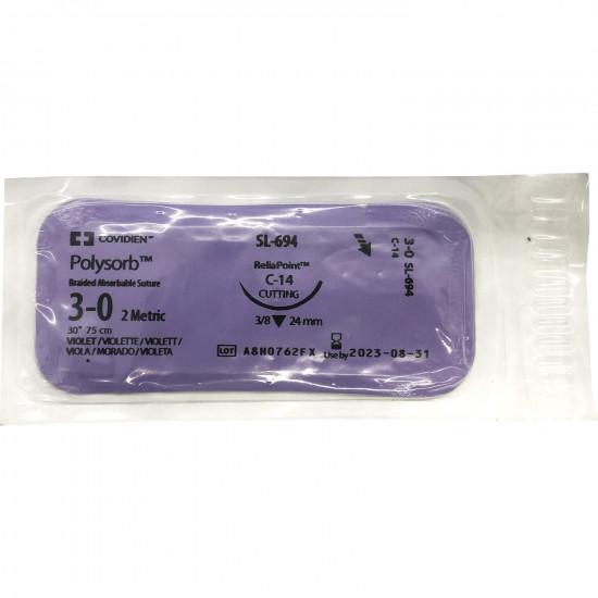 Suture material the surgical resolving Polysorb 3-0 with a return cutting needle of 24 mm length of 75 cm 3/8 circles of violet SL-694 1 piece Suture material the surgical resolving Polysorb 3-0 with a return cutting needle of 24 mm length of 75 cm 3/8 circles of violet SL-694 1 piece