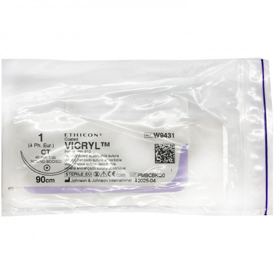 Suture material the resolving Vikril the USP 1 size, the pricking needle 40 mm, 1/2 circles, length of 90 cm the article of W9431 Suture material the resolving Vikril the USP 1 size, the pricking needle 40 mm, 1/2 circles, length of 90 cm the article of W9431