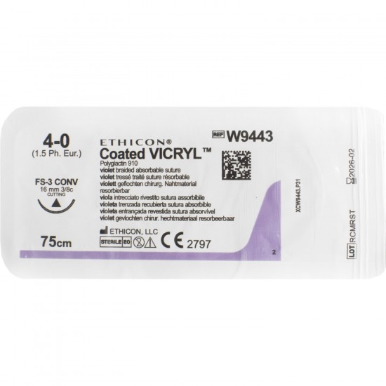 Suture material the resolving Vikril the USP 4/0 size, a cutting needle 16 mm, 3/8 circles, length of 75 cm the article of W9443 Suture material the resolving Vikril the USP 4/0 size, a cutting needle 16 mm, 3/8 circles, length of 75 cm the article of W9443