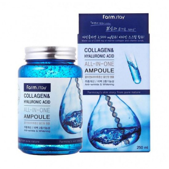 Ампульна сироватка для обличчя FarmStay Collagen & Hyaluronic Acid All-in-One Ampoule з колагеном і гіалуроновою кислотою, 250 мл Ампульна сироватка для обличчя FarmStay Collagen & Hyaluronic Acid All-in-One Ampoule з колагеном і гіалуроновою кислотою, 250 мл