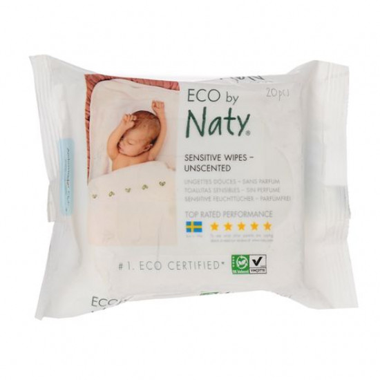 Children's damp econapkins of flavourless Naty Sensitive Wipes, 20 pieces Children's damp econapkins of flavourless Naty Sensitive Wipes, 20 pieces