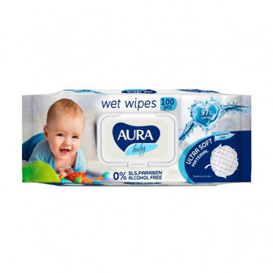 Дитячі вологі серветки AURA Baby 97% води, з клапаном, 100 шт Дитячі вологі серветки AURA Baby 97% води, з клапаном, 100 шт