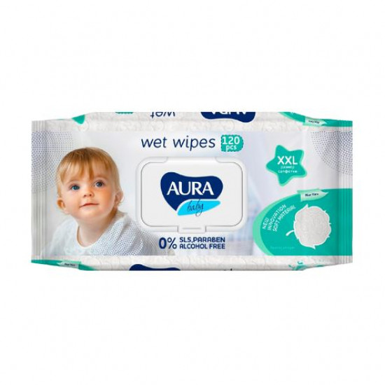 Дитячі вологі серветки AURA Baby XXL, 120 шт Дитячі вологі серветки AURA Baby XXL, 120 шт