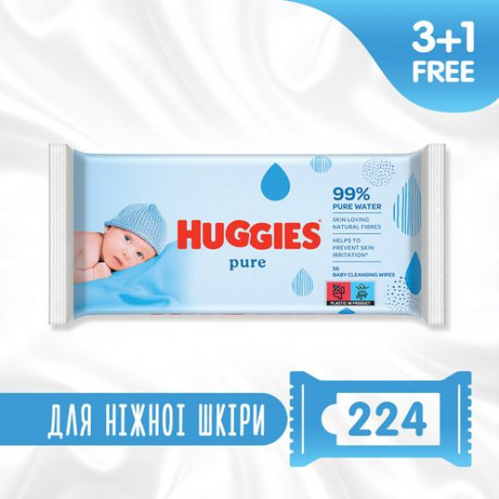Дитячі вологі серветки Huggies Pure для немовлят, 56*4 шт Дитячі вологі серветки Huggies Pure для немовлят, 56*4 шт