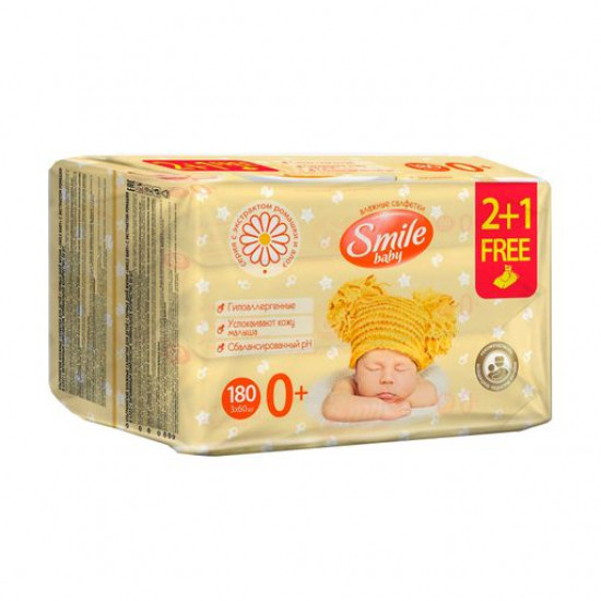 Детские влажные салфетки Smile Baby с экстрактом ромашки и алоэ, 3*60 шт
Детские влажные салфетки Smile Baby с экстрактом ромашки и алоэ, 3*60 шт