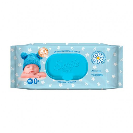 Дитячі вологі серветки Smile Baby з екстрактом ромашки та алое віра, з клапаном, 100 шт Дитячі вологі серветки Smile Baby з екстрактом ромашки та алое віра, з клапаном, 100 шт