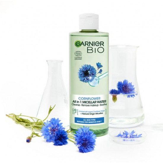 Міцелярна вода Garnier Bio Soothing Cornflower Micellar Water з квітковою водою волошка і міцелами натурального походження, 400 мл Міцелярна вода Garnier Bio Soothing Cornflower Micellar Water з квітковою водою волошка і міцелами натурального походження, 400 мл