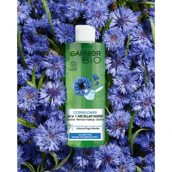 Міцелярна вода Garnier Bio Soothing Cornflower Micellar Water з квітковою водою волошка і міцелами натурального походження, 400 мл Міцелярна вода Garnier Bio Soothing Cornflower Micellar Water з квітковою водою волошка і міцелами натурального походження, 400 мл