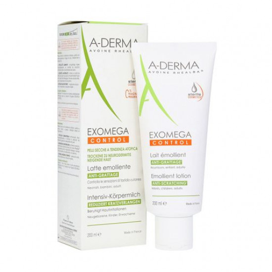 Пом'якшуючий лосьйон-емолент для обличчя і тіла A-Derma Exomega Control Emollient Lotion Anti-Scratching проти подряпин, 200 мл Пом'якшуючий лосьйон-емолент для обличчя і тіла A-Derma Exomega Control Emollient Lotion Anti-Scratching проти подряпин, 200 мл