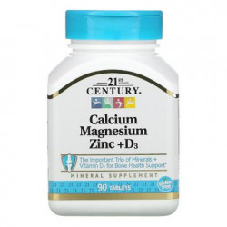 Calcium Magnesium Zinc + D3, Cal Mag Zinc + D3, 21st Century, 90 Tablets, 02345
 