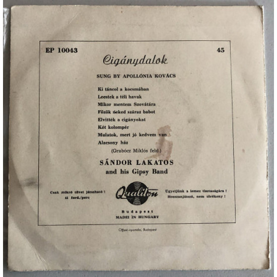  Apollonia Kovac sings EP 7 the Gipsy songs, Hungary, 1962