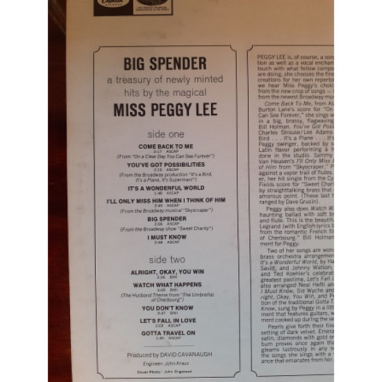 Vinyl record of LP Peggy Lee – Big Spender Vinyl record of LP Peggy Lee – Big Spender