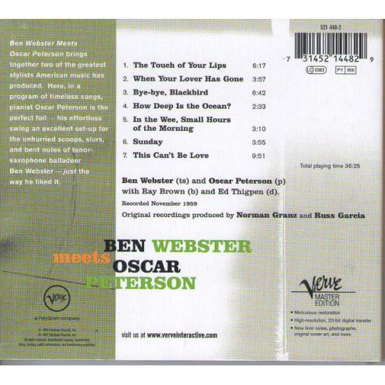 Ben Webster Meets Oscar Peterson, 1959, 1997, digi-pack new in packing Ben Webster Meets Oscar Peterson, 1959, 1997, digi-pack new in packing