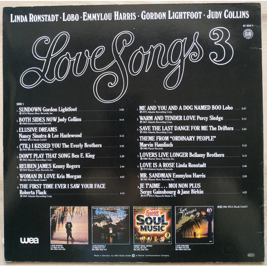 Love Songs 3 Linda Ronstadt Lobo Emmylou Harris Gordon Lightfoot LP Record Love Songs 3 Linda Ronstadt Lobo Emmylou Harris Gordon Lightfoot LP Record