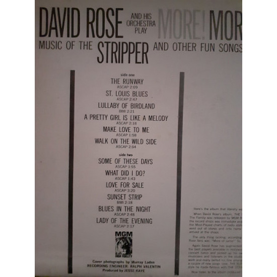 Вінилова платівка LP David Rose And His Orchestra – More! More! More! More! The Stripper and Other Fun Songs For The Family<br>Стан платівки NM<br>Стан конверту NM<br>Label: MGM Records – SE 4099<br>Format: Vinyl, LP, Album<br>Country: USA<br> Genre: Jazz Вінилова платівка LP David Rose And His Orchestra – More! More! More! More! The Stripper and Other Fun Songs For The Family<br>Стан платівки NM<br>Стан конверту NM<br>Label: MGM Records – SE 4099<br>Format: Vinyl, LP, Album<br>Country: USA<br> Genre: Jazz