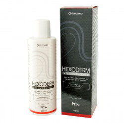 Eurowet Hexoderm Excellence Шампунь з фітосфінгозином та хлоргексидином) та хлоргексидином для собак та кішок, який допомагає відновити природну мікрофлору шкіри. Eurowet Hexoderm Excellence призначають собакам і кішкам при лікуванні запалень шкіри, для п