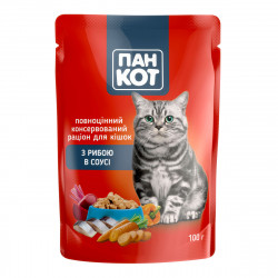 Пан-Кіт (пауч) Консерви для кішок з рибою в соусі), '<p>Пан-Кіт (пауч) Консерви для кішок з рибою в соусі Консерва для дорослих кішок усіх порід з рибою в соусі. вміст м'ясної складової - не менше 80%. Не містить екстрактів білків рослинного походження, с